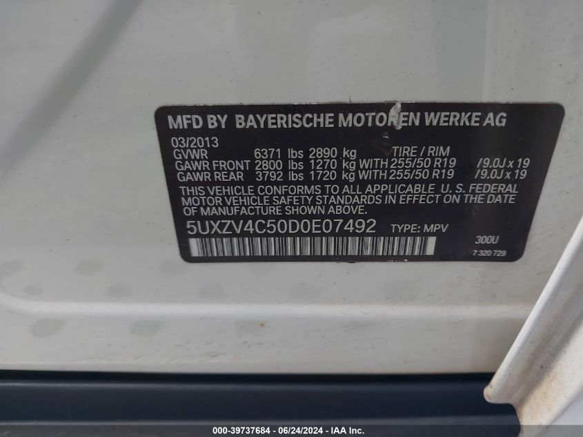 2013 BMW X5 xDrive35I/xDrive35I Premium/xDrive35I Sport Activity VIN: 5UXZV4C50D0E07492 Lot: 39737684