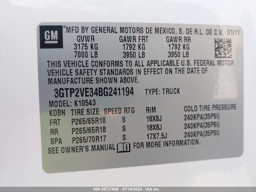 2011 GMC Sierra 1500 Sle VIN: 3GTP2VE34BG241194 Lot: 39737688
