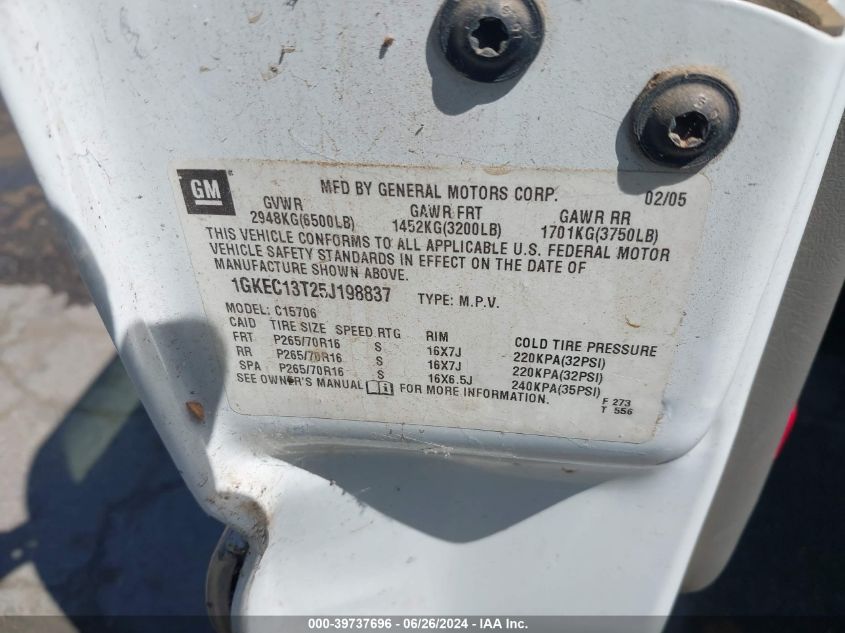 2005 GMC Yukon Sle VIN: 1GKEC13T25J198837 Lot: 39737696