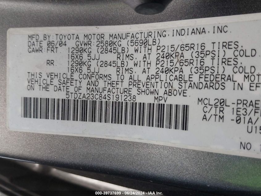 2004 Toyota Sienna Le VIN: 5TDZA23C84S191238 Lot: 39737699