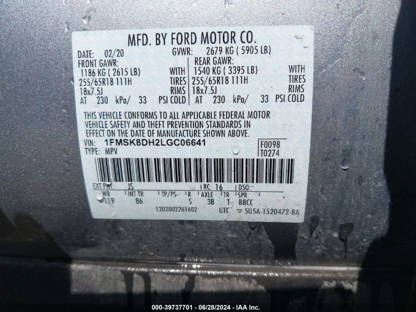 2020 Ford Explorer Xlt VIN: 1FMSK8DH2LGC06641 Lot: 39737701