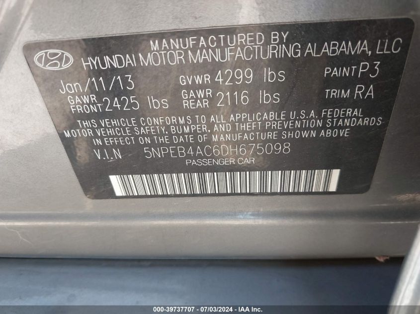 2013 Hyundai Sonata Gls VIN: 5NPEB4AC6DH675098 Lot: 39737707