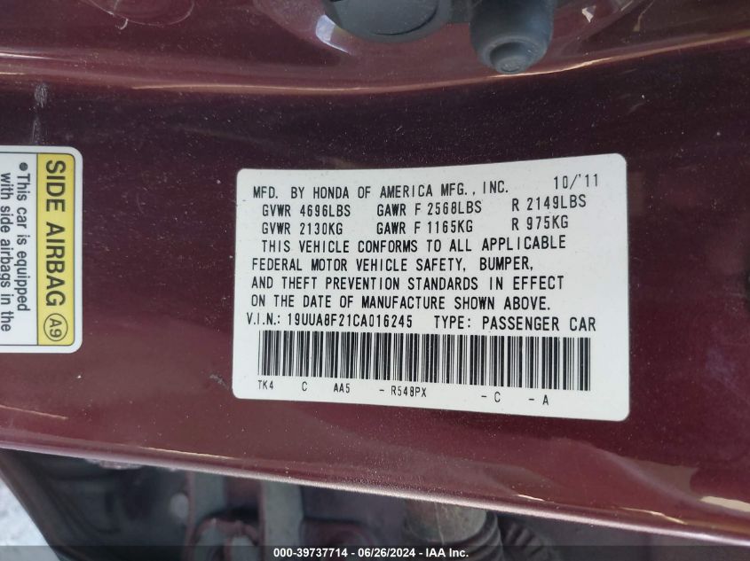 2012 Acura Tl Auto VIN: 19UUA8F21CA016245 Lot: 39737714