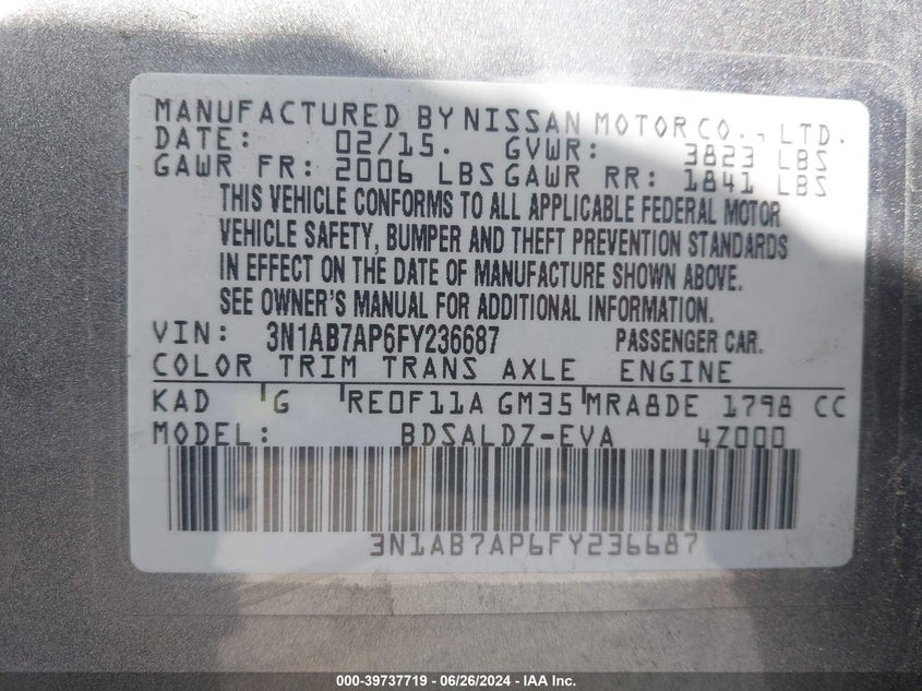 2015 Nissan Sentra S/Sv/Sr/Sl VIN: 3N1AB7AP6FY236687 Lot: 39737719