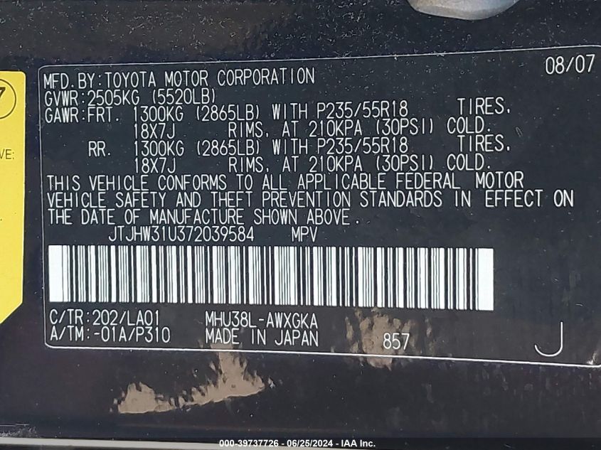 2007 Lexus Rx 400H VIN: JTJHW31U372039584 Lot: 39737726