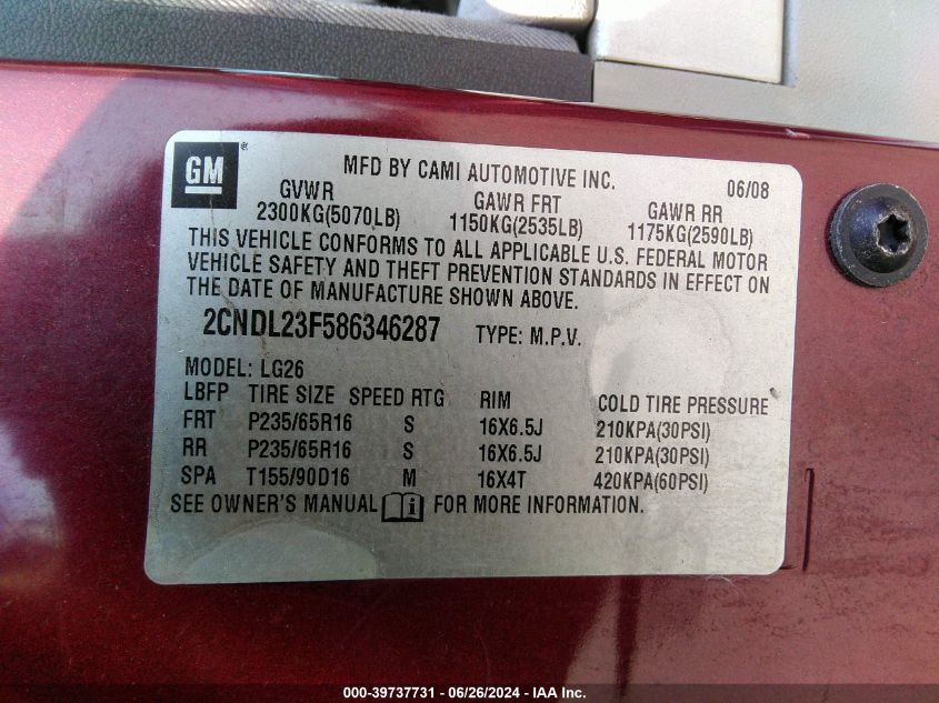 2008 Chevrolet Equinox Ls VIN: 2CNDL23F586346287 Lot: 39737731