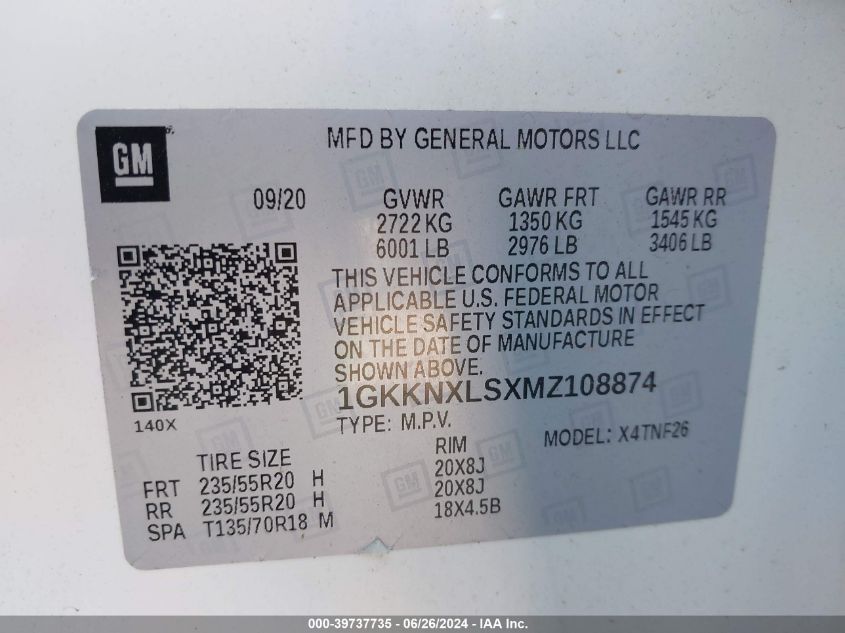 2021 GMC Acadia Awd Denali VIN: 1GKKNXLSXMZ108874 Lot: 39737735