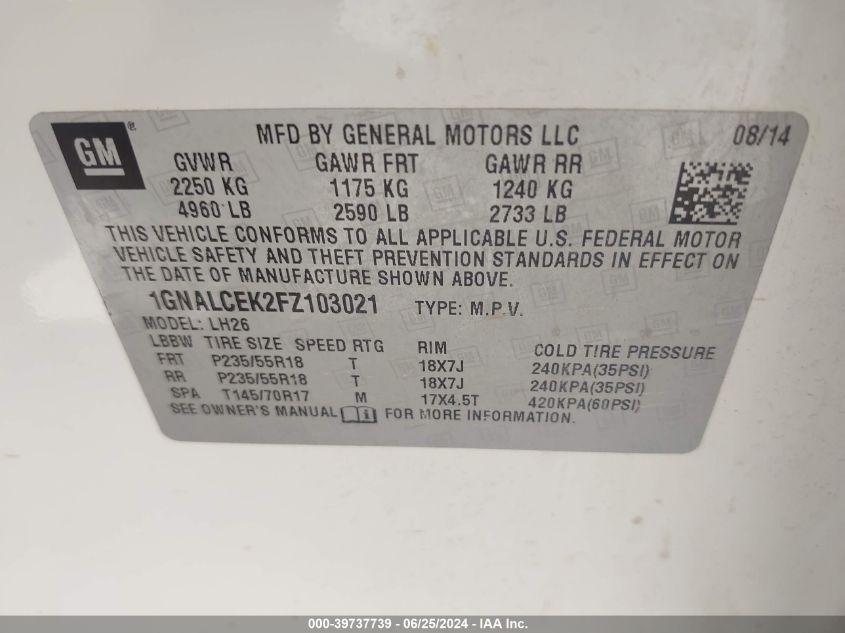 2015 Chevrolet Equinox 2Lt VIN: 1GNALCEK2FZ103021 Lot: 39737739