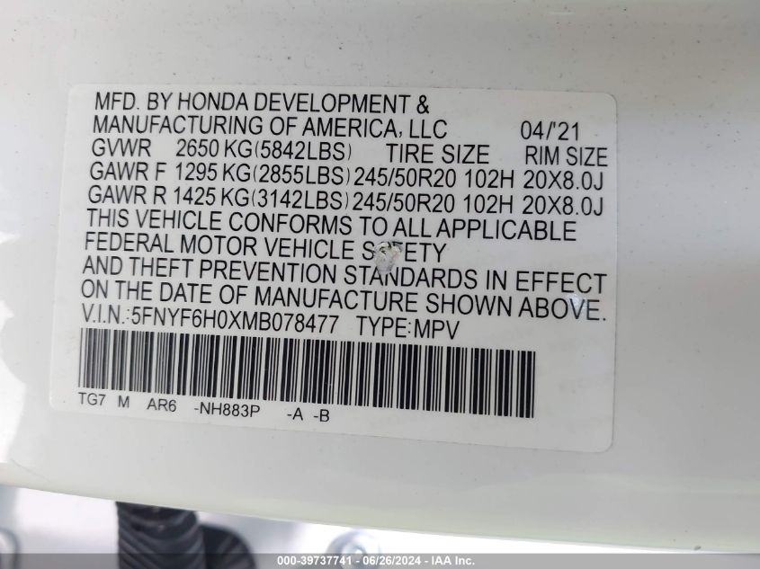 2021 Honda Pilot Awd Elite VIN: 5FNYF6H0XMB078477 Lot: 39737741