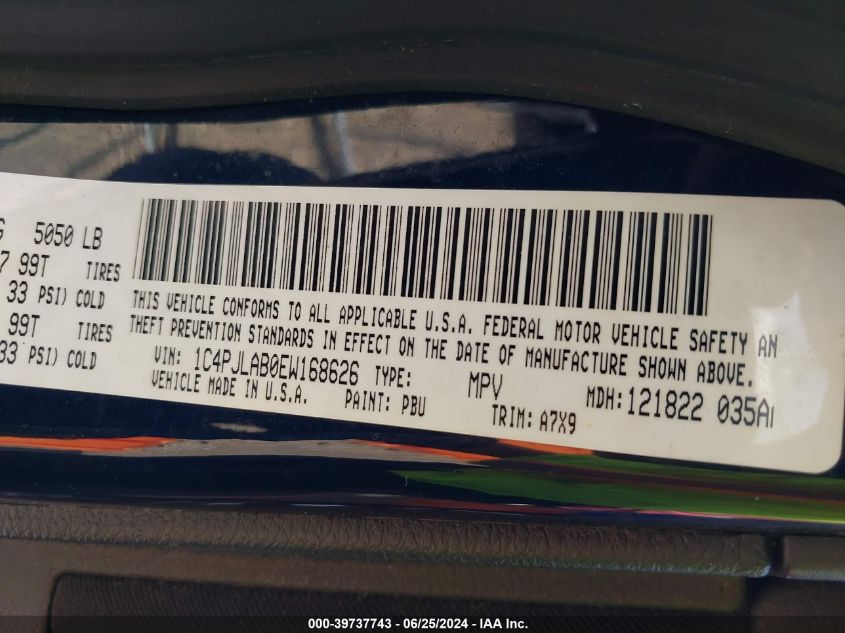 2014 Jeep Cherokee Sport VIN: 1C4PJLAB0EW168626 Lot: 39737743