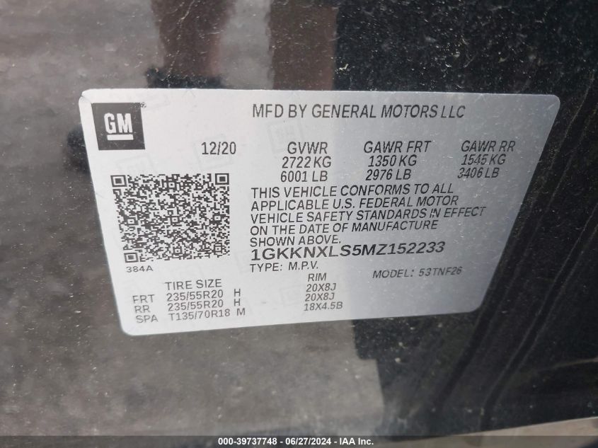 2021 GMC Acadia Awd Denali VIN: 1GKKNXLS5MZ152233 Lot: 39737748