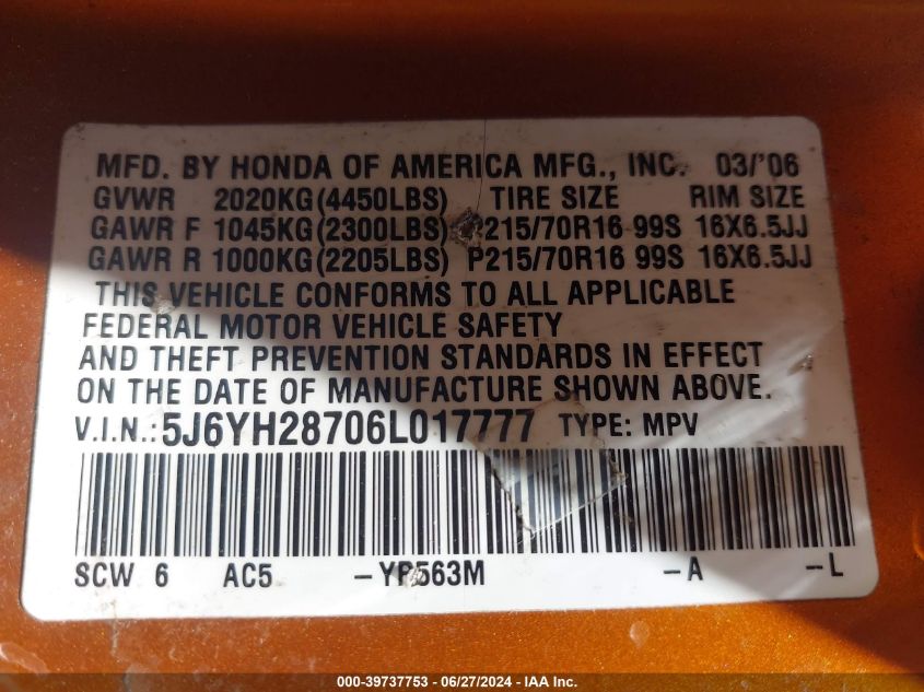 2006 Honda Element Ex VIN: 5J6YH28706L017777 Lot: 39737753