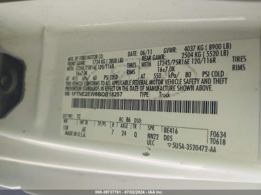 2011 Ford E-250 Commercial VIN: 1FTNE2EW6BDB18257 Lot: 39737761