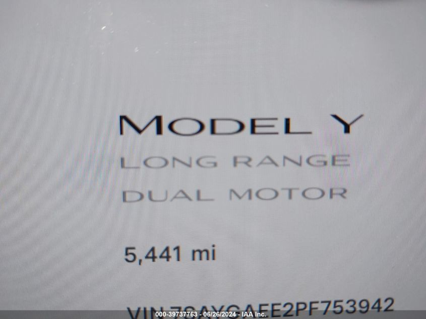 2023 Tesla Model Y Awd/Long Range Dual Motor All-Wheel Drive VIN: 7SAYGAEE2PF753942 Lot: 39737763