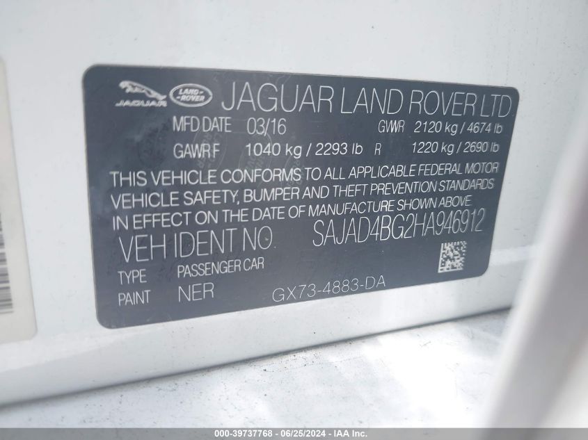 2017 Jaguar Xe 25T Premium VIN: SAJAD4BG2HA946912 Lot: 39737768