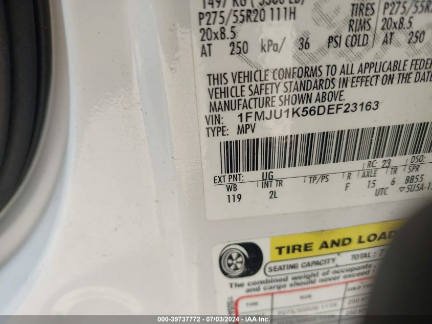 2013 Ford Expedition Limited VIN: 1FMJU1K56DEF23163 Lot: 39737772