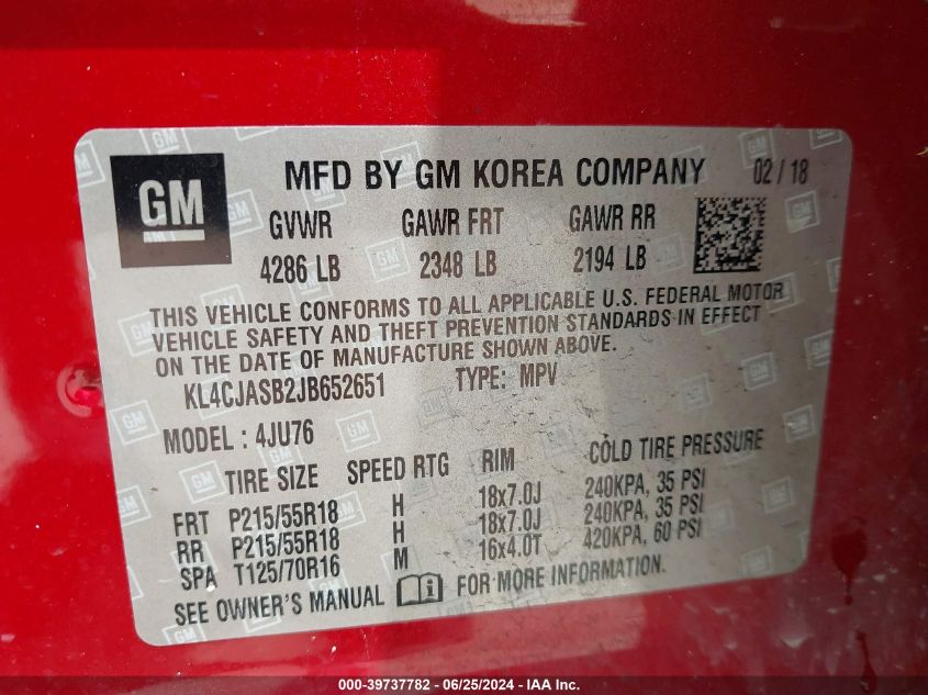 2018 Buick Encore Preferred VIN: KL4CJASB2JB652651 Lot: 39737782