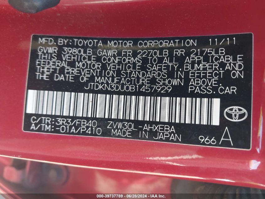 2011 Toyota Prius VIN: JTDKN3DU0B1457929 Lot: 39737789