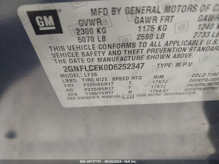 2013 Chevrolet Equinox Ls VIN: 2GNFLCEK0D6252347 Lot: 39737791