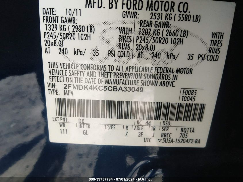 2012 Ford Edge Limited VIN: 2FMDK4KC5CBA33049 Lot: 39737794