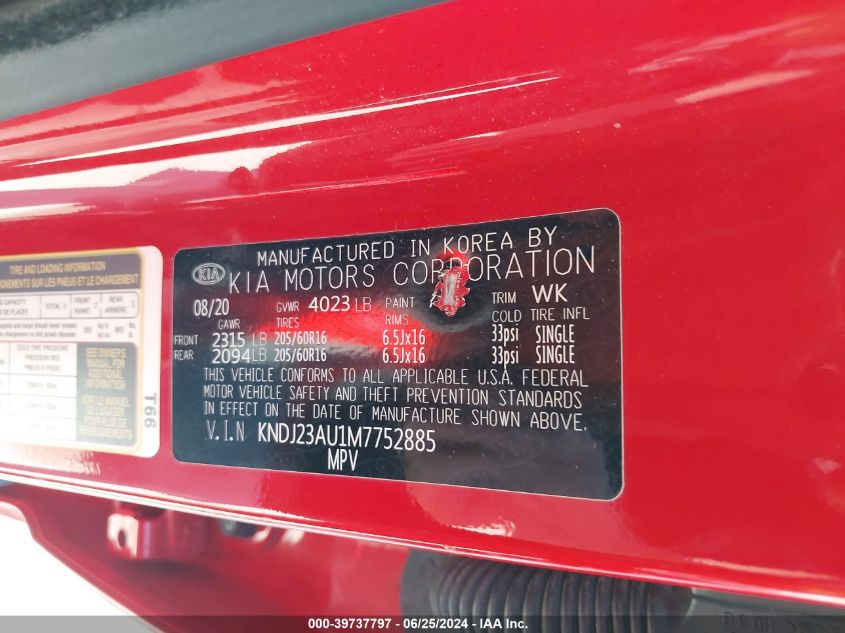 2021 Kia Soul S VIN: KNDJ23AU1M7752885 Lot: 39737797