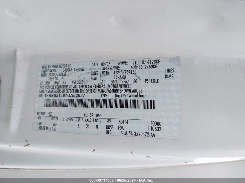 2007 Ford Econoline E350 Super Duty Wagon VIN: 1FBSS31L97DA82637 Lot: 39737809