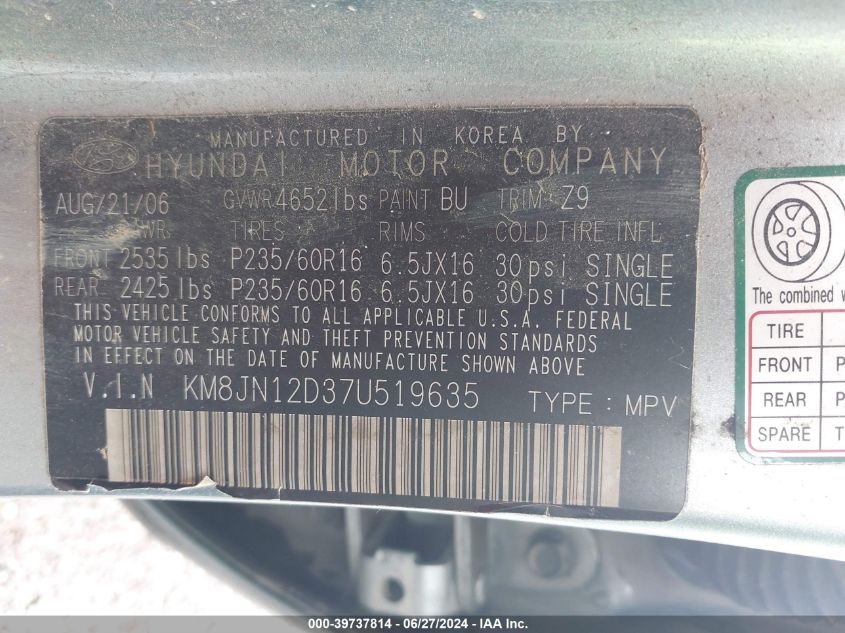 2007 Hyundai Tucson Limited/Se VIN: KM8JN12D37U519635 Lot: 39737814