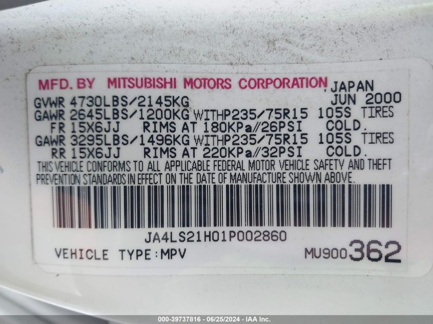 2001 Mitsubishi Montero Sport Es/Ls VIN: JA4LS21H01P002860 Lot: 39737816