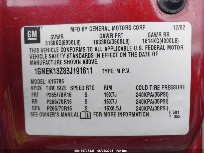 2003 Chevrolet Tahoe K1500 VIN: 1GNEK13Z83J191611 Lot: 39737828