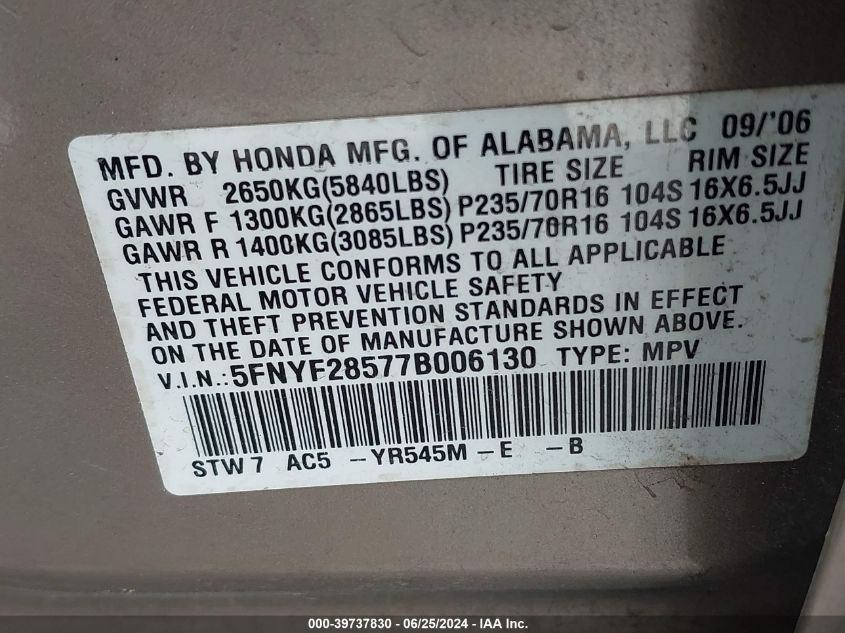 2007 Honda Pilot Ex-L VIN: 5FNYF28577B006130 Lot: 39737830