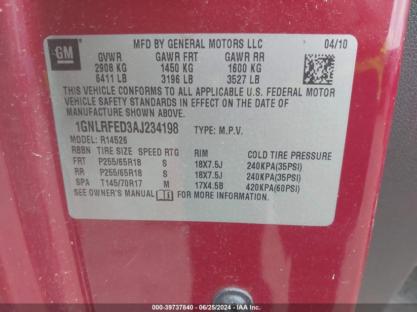 2010 Chevrolet Traverse Lt VIN: 1GNLRFED3AJ234198 Lot: 39737840