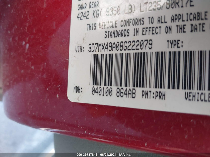 2008 Dodge Ram 3500 Sxt/Slt VIN: 3D7MX49A08G222079 Lot: 39737843