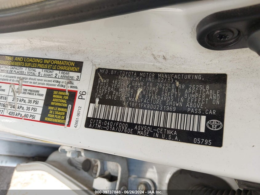 2013 Toyota Camry L/Se/Le/Xle VIN: 4T1BF1FK8DU231969 Lot: 39737848