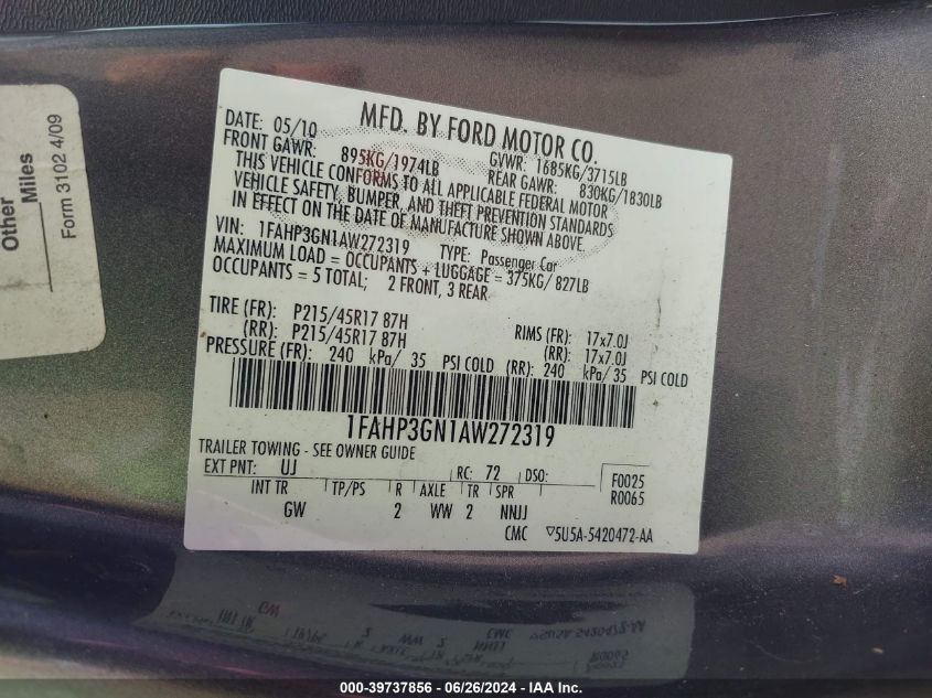 2010 Ford Focus Ses VIN: 1FAHP3GN1AW272319 Lot: 39737856