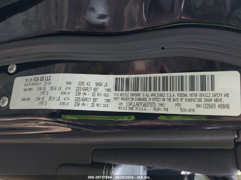 2015 Jeep Cherokee Sport VIN: 1C4PJLAB7FW637373 Lot: 39737864