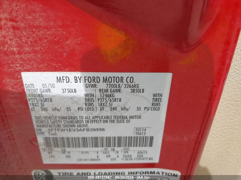 2010 Ford F-150 Fx4/Harley-Davidson/King Ranch/Lariat/Platinum/Xl/Xlt VIN: 1FTFW1EV3AFB39556 Lot: 39737867