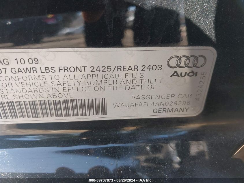 2010 Audi A4 2.0T Premium VIN: WAUAFAFL4AN028296 Lot: 39737873