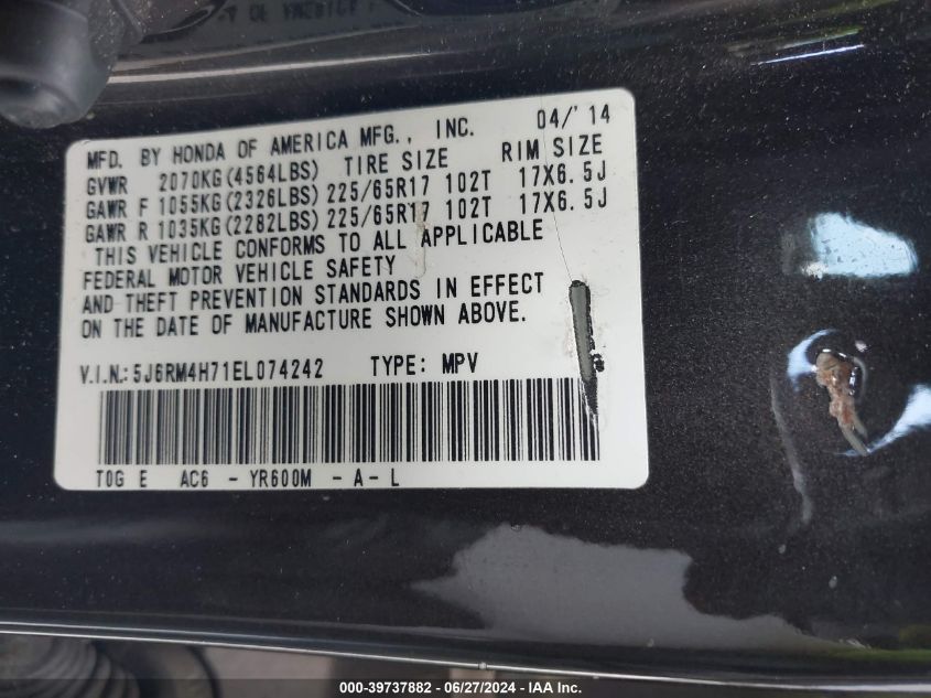 2014 Honda Cr-V Ex-L VIN: 5J6RM4H71EL074242 Lot: 39737882