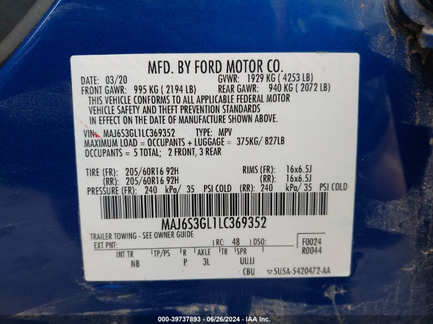 2020 Ford Ecosport Se VIN: MAJ6S3GL1LC369352 Lot: 39737893