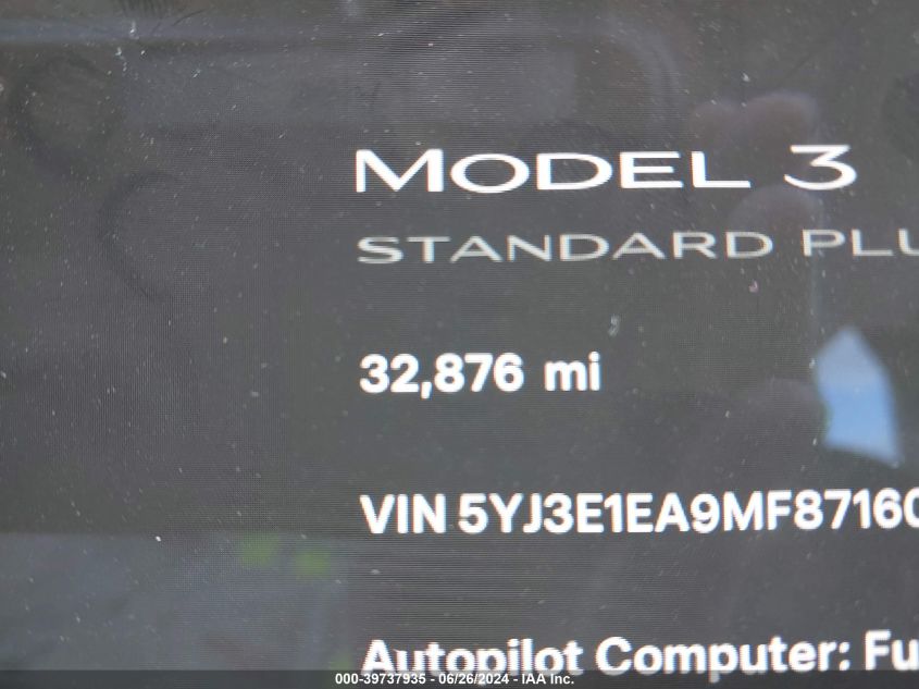 2021 Tesla Model 3 VIN: 5YJ3E1EA9MF871606 Lot: 39737935