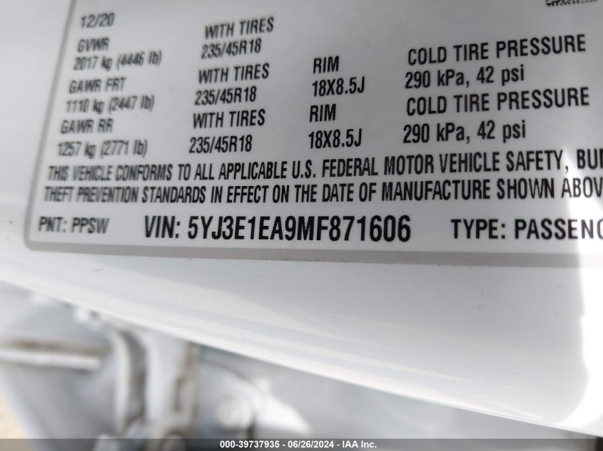 2021 Tesla Model 3 VIN: 5YJ3E1EA9MF871606 Lot: 39737935