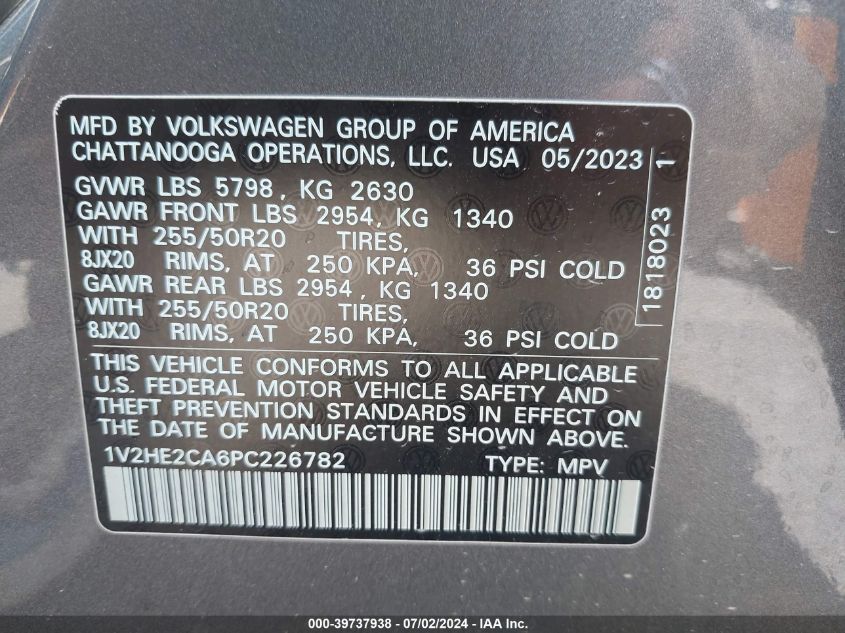 2023 Volkswagen Atlas Cross Sport 3.6L V6 Se W/Technology VIN: 1V2HE2CA6PC226782 Lot: 39737938