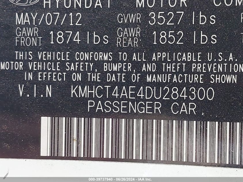 2013 Hyundai Accent Gls VIN: KMHCT4AE4DU284300 Lot: 39737940