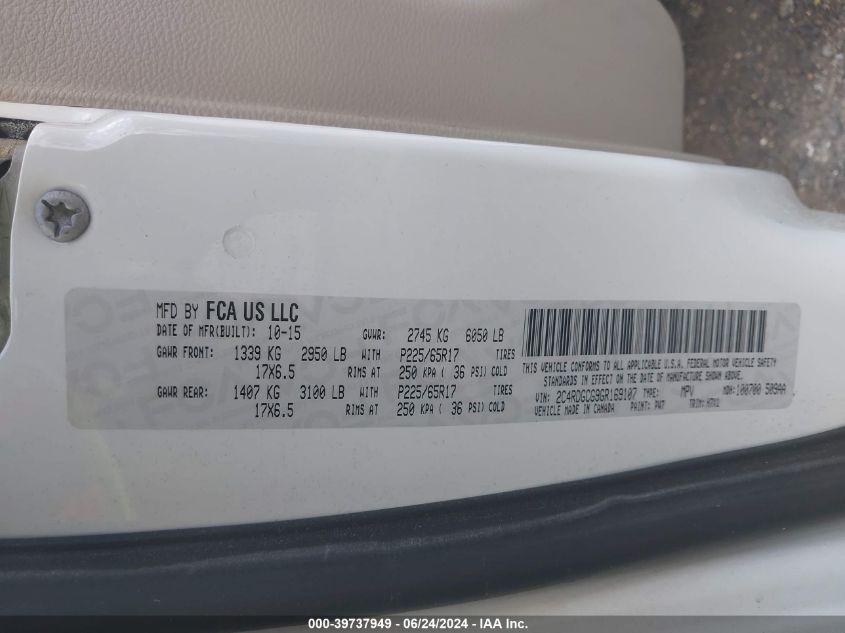 2016 Dodge Grand Caravan Sxt VIN: 2C4RDGCG9GR169107 Lot: 39737949