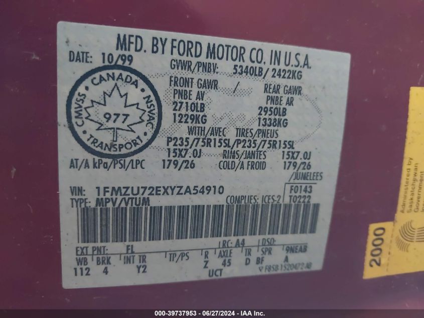 2000 Ford Explorer Xls VIN: 1FMZU72EXYZA54910 Lot: 39737953