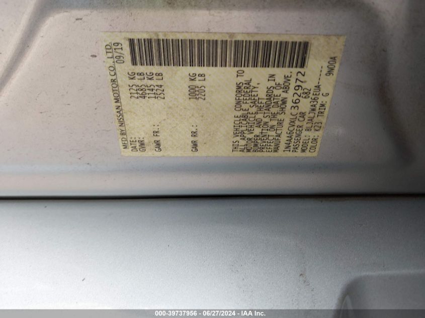 2020 Nissan Maxima Sv Xtronic Cvt VIN: 1N4AA6CVXLC362972 Lot: 39737956