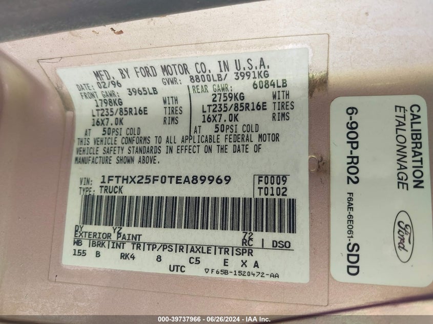 1996 Ford F250 VIN: 1FTHX25F0TEA89969 Lot: 39737966