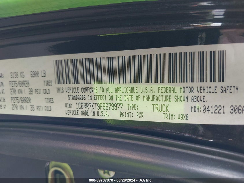 2015 Ram 1500 Express VIN: 1C6RR7KT9FS679977 Lot: 39737970