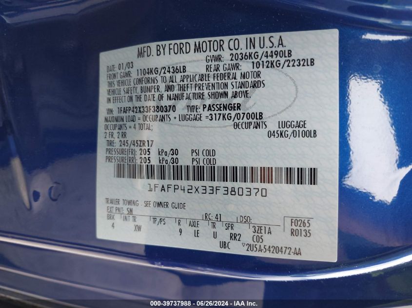 2003 Ford Mustang Gt VIN: 1FAFP42X33F380370 Lot: 39737988
