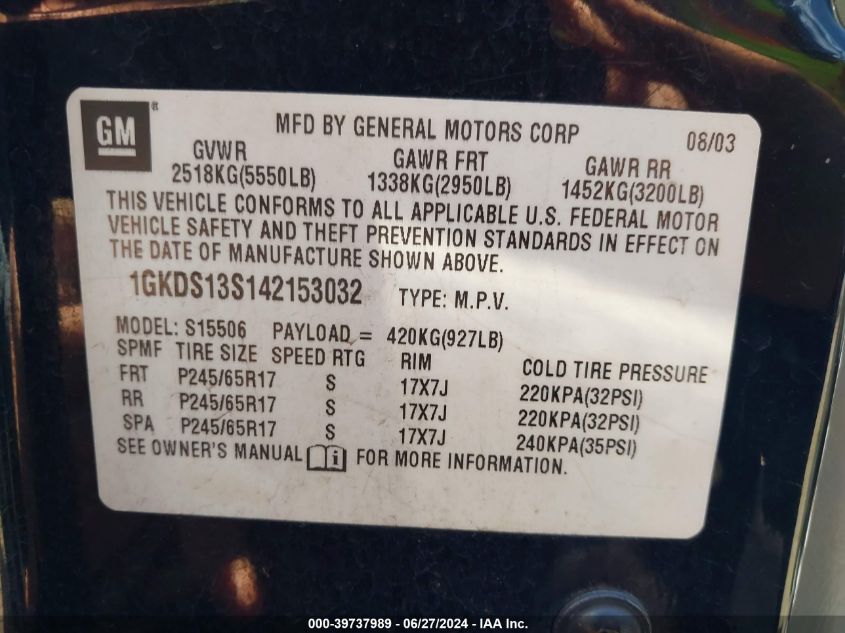 2004 GMC Envoy Slt VIN: 1GKDS13S142153032 Lot: 39737989